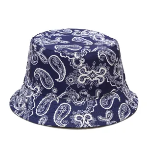 Classic blue paisley print bucket hat for women and men, stylish streetwear fisherman cap.