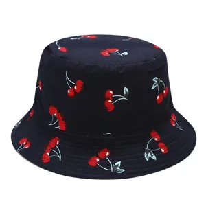 Stylish all-over cherry print bucket hat, casual outdoor sun protection fishing cap.