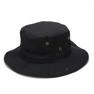 Black outdoor bucket hat with breathable eyelets and webbed band for fishing and hiking.
