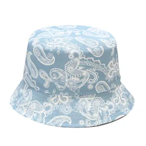 Detailed view of the stylish blue paisley bucket hat showcasing the intricate print and fabric.