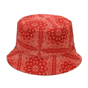 Red paisley bucket hat for women and men, classic printed streetwear sun protection fishing hat.
