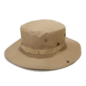 Khaki outdoor sun protection boonie hat, breathable eyelets and tactical webbing detail.
