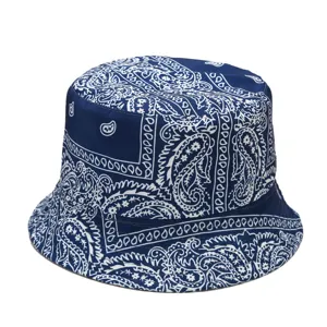 Blue paisley bucket hat streetwear trendy double-sided basin cap casual sun hat unisex