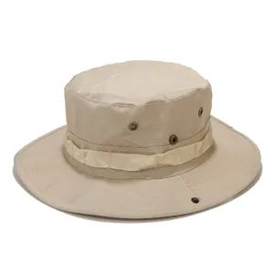 Outdoor sun protection bucket hat, casual khaki boonie hat with breathable metal eyelets.