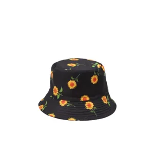 Black sunflower print bucket hat wide brim casual sun hat fashion outdoor sun protection cap