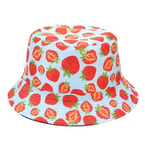 Cute strawberry print bucket hat in light blue, casual cotton sun hat for summer outdoor daily wear.