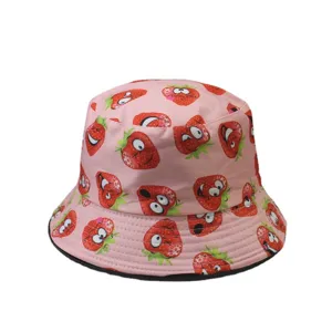 Cute pink cartoon strawberry bucket hat for women, casual summer sun protection cap.