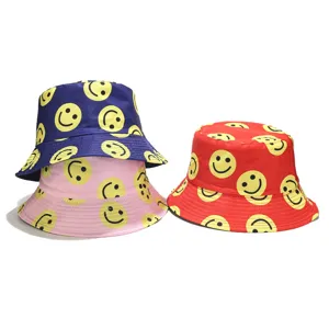 Unisex Cotton Blend Bucket Hat Smiley Face Print Wide Brim Sun Protection Outdoor Fisherman Cap