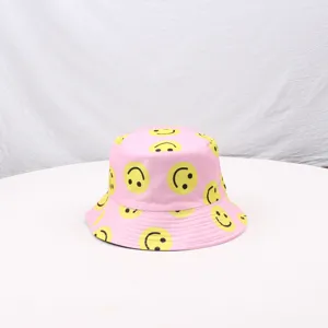 Pink smiley face print bucket hat for women men summer casual outdoor sun protection panama cap