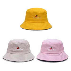 Unisex cotton bucket hat with cute strawberry embroidery, casual foldable sun hat for summer outdoor.