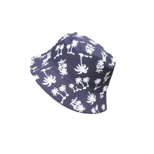 Classic dark blue bucket hat featuring a trendy white palm tree print design for summer wear.