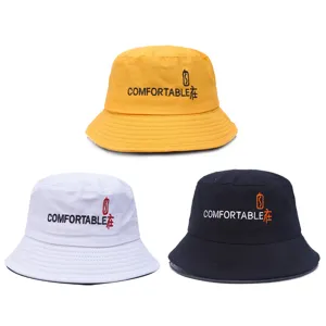 Unisex cotton bucket hat with embroidered text, stylish casual outdoor sun protection cap.