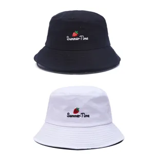 Classic cotton bucket hat with cute strawberry embroidery, casual summer sun protection.
