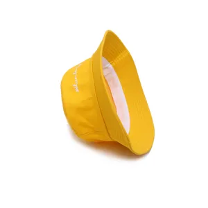 Yellow bucket hat for adults, casual foldable fisherman cap with side white embroidery.