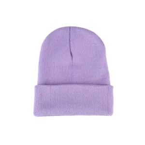 Berretto invernale in maglia viola chiaro per uomo e donna, caldo cappello con risvolto.