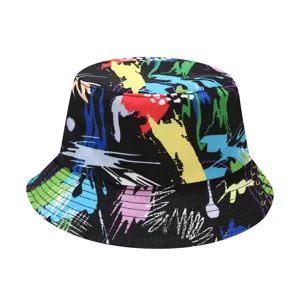 Colorful graffiti bucket hat for women, abstract tie-dye outdoor sun protection basin hat.
