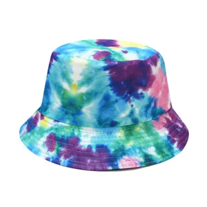 Colorful tie dye bucket hat for women, casual outdoor sun protection fashion cloth cap.