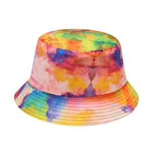 Close-up view of colorful tie-dye bucket hat fabric and detailed stitching lines.