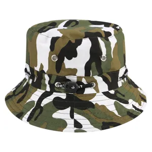 Camouflage bucket hat for outdoor sun protection with adjustable drawstring and metal eyelets.
