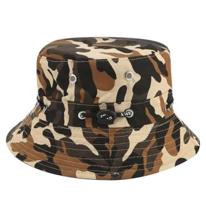 Camouflage bucket hat for outdoor sun protection, stylish tactical cap and headwear.