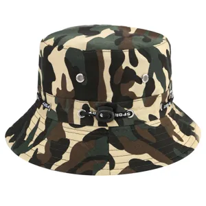 Close-up detail of the camouflage bucket hat featuring an adjustable cord and metal eyelets.