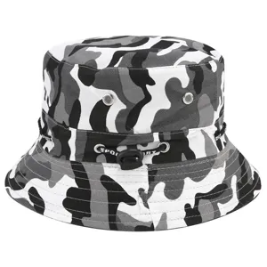 Detailed view of black and white camouflage bucket hat with adjustable strap and eyelets.