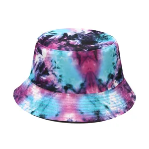 Stylish multi-color tie-dye bucket hat for women, outdoor sun protection fashion cap.