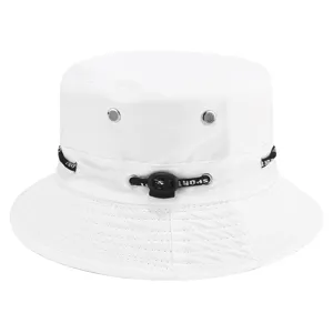 White bucket hat for outdoor sun protection with adjustable black drawstring and metal eyelets.
