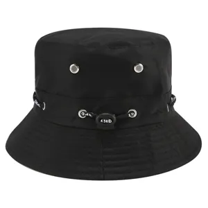 Classic black bucket hat with adjustable drawstring and metal eyelets for outdoor sun protection.