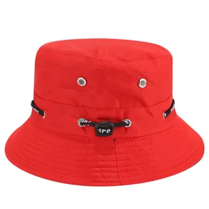 Red bucket hat for outdoor sun protection, casual cotton fisherman hat with adjustable drawstring.