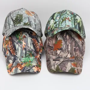 Detailed view of outdoor camouflage baseball caps, tactical fishing and hiking sun hats.