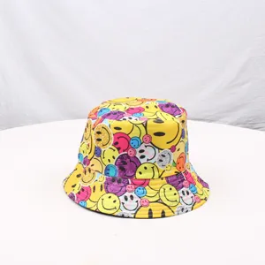 Colorful smiley face print bucket hat, casual sun protection basin hat for daily outdoor wear.
