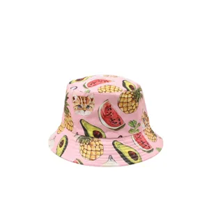 Pink bucket hat featuring cute cat and tropical fruit print, perfect for summer sun protection.