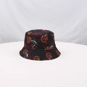 Detailed showcase of a stylish black bucket hat featuring a trendy dragon print for daily wear.