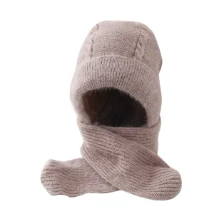 Close-up view of the thick knitted plush-lined all-in-one winter hood and scarf detail.