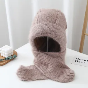 Cozy knitted hooded scarf set in camel plush yarn, fleece lined winter warm beanie hat.