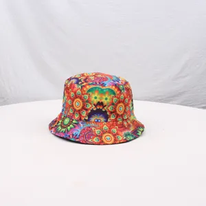 Close-up of colorful printed psychedelic pattern bucket hat fabric detail with vibrant floral art.