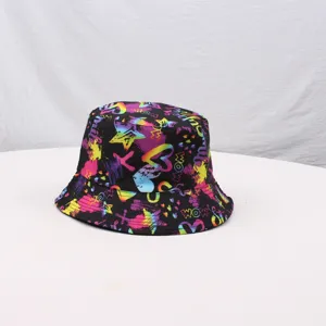Colorful graffiti print bucket hat, stylish black cotton sun protection cap for outdoor.