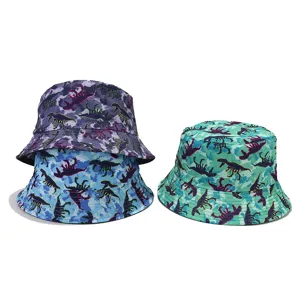 Unisex Outdoor Sun Protection Bucket Hat Cotton Blend Digital Print Dinosaur Pattern Casual Fashion Fisherman Hat