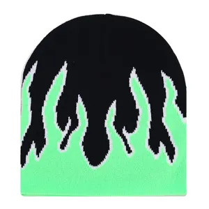 Black and green flame knit beanie winter warm wool cap streetwear stylish ski hat