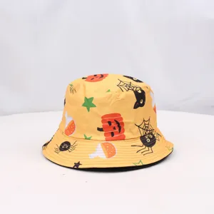 Halloween printed bucket hat casual outdoor sun protection fisherman cap yellow fashion women