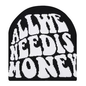 Black knit beanie with white slogan text, stylish winter warm casual fashion hat.