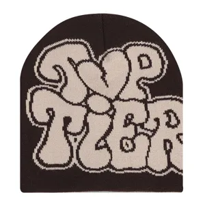 Warm winter knitted beanie for men and women, stylish brown hat with graffiti letter knit.
