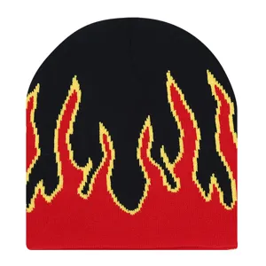 Knit beanie hat detail featuring a vibrant red and yellow flame pattern on black wool fabric.