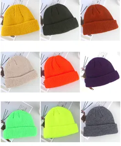 Solid color knit beanie docker cap, unisex roll cuff melon hat, casual winter warm cap.