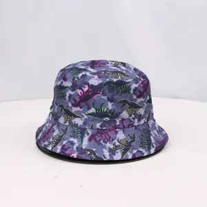 Detailed view of the stylish dinosaur printed bucket hat, showing the purple pattern fabric clearly.
