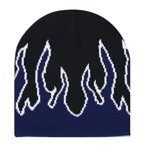 Detailed view of a stylish black knit beanie featuring a striking blue and white flame pattern.