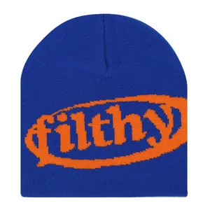 Stilvolle blaue Strickmütze Winter warme Mütze mit orangem Filhy Buchstaben Design für Damen