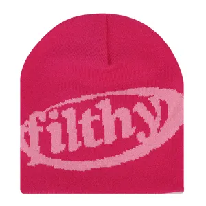 Rosa Strickmütze für Damen und Herren, stilvolle warme Wintermütze mit modischem Filthy Motiv.