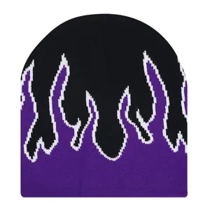 Black knitted beanie with purple flame pattern, warm winter hat, stylish streetwear accessory.